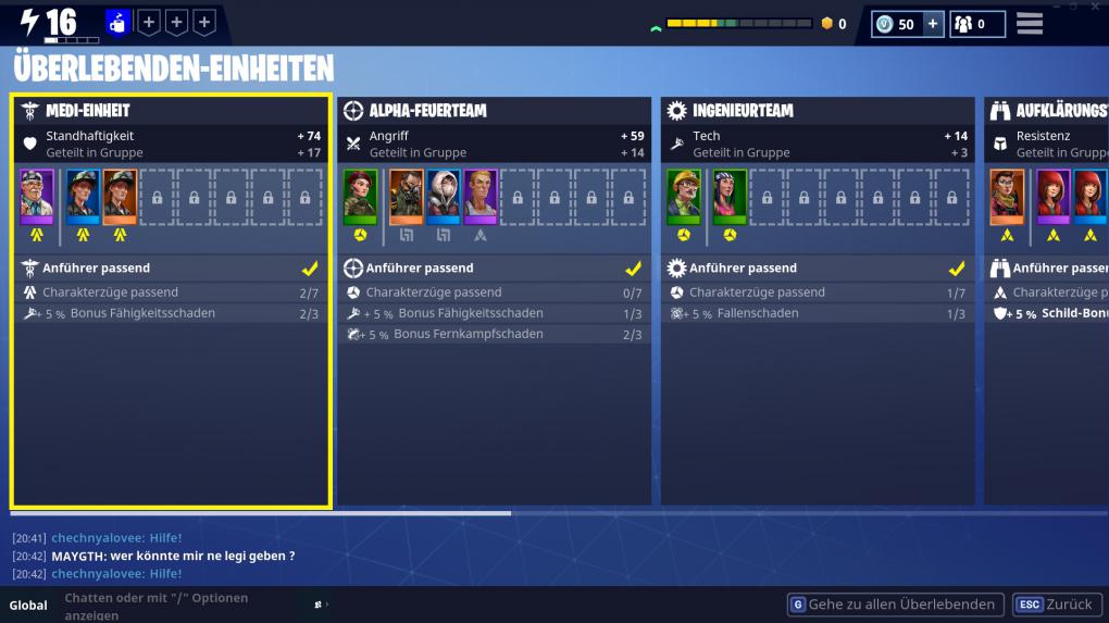Fortnite im Test -&nbsp;Aus unseren Überlebenden bilden wir mehrere Teams, die nur eine Aufgabe haben: Die Werte unserer Helden zu steigern.