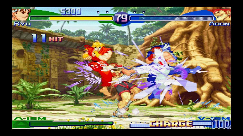 … bei dem obigen Bildschirm alle drei Kick-Tasten (leicht, mittel und schwer) gedrückt und wählt danach Ryu oder Ken, startet ein Dramatic Battle.