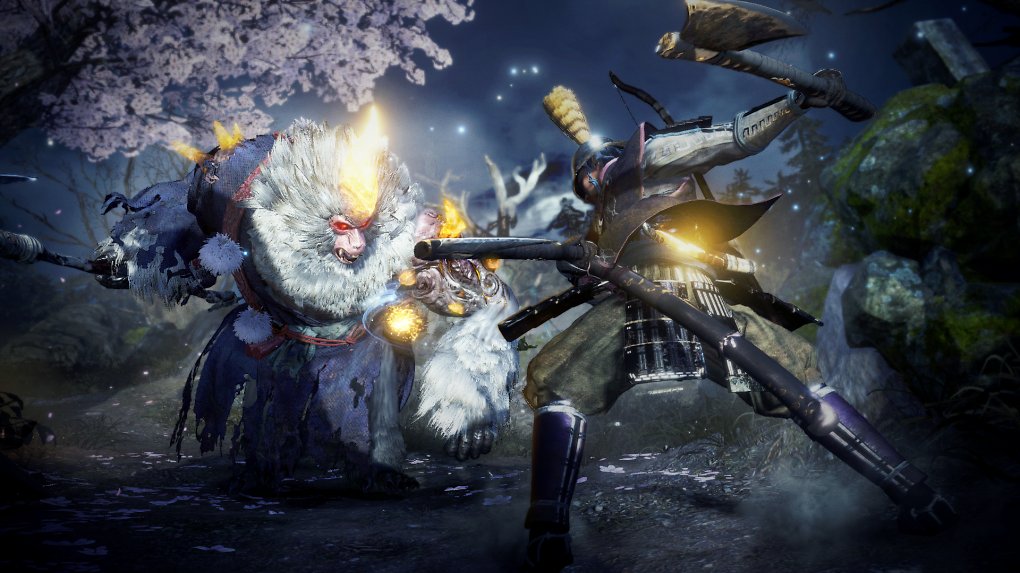 Die Spielfigur holt mit der Axt gegen ein Affenmonster aus.