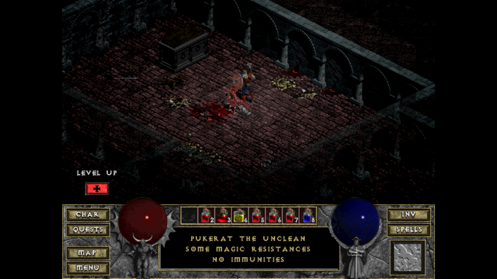 Ganz schön eklig: Nach einem erfolgreichen Kampf ist der Boden mit Blut getränkt. Außerdem freuen wir uns über einen Stufenaufstieg, erkennbar am „Level Up“-Symbol links im Bild. <br> &nbsp;
