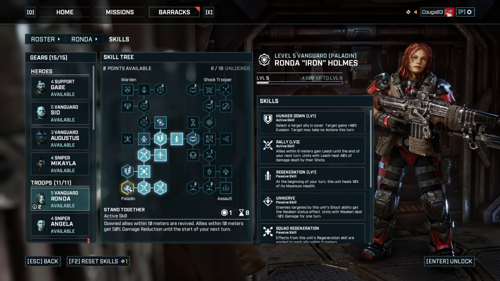 Die Skillbäume lassen sehr viel Spielraum für die individuelle Entwicklung einzelner Soldaten. Diesen Vanguard haben wir zum Beispiel zum Paladin gemacht.