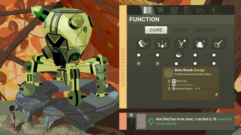 Ein kleiner Mech-Baukasten darf natürlich nicht fehlen. Habt ihr die nötige Inspiration und genug Ressourcen, bastelt ihr euch neue Teile, die rein kosmetisch sein können oder eure Fähigkeiten erweitern.