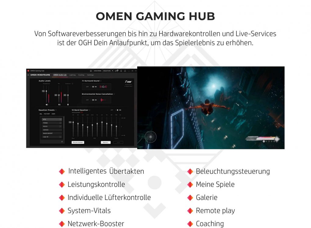 Zusatzsoftware von HP: Das OMEN Gaming Hub mit zentralen Tools und Einstellungsmöglichkeiten für den Alltag des Komplett-Rechners.