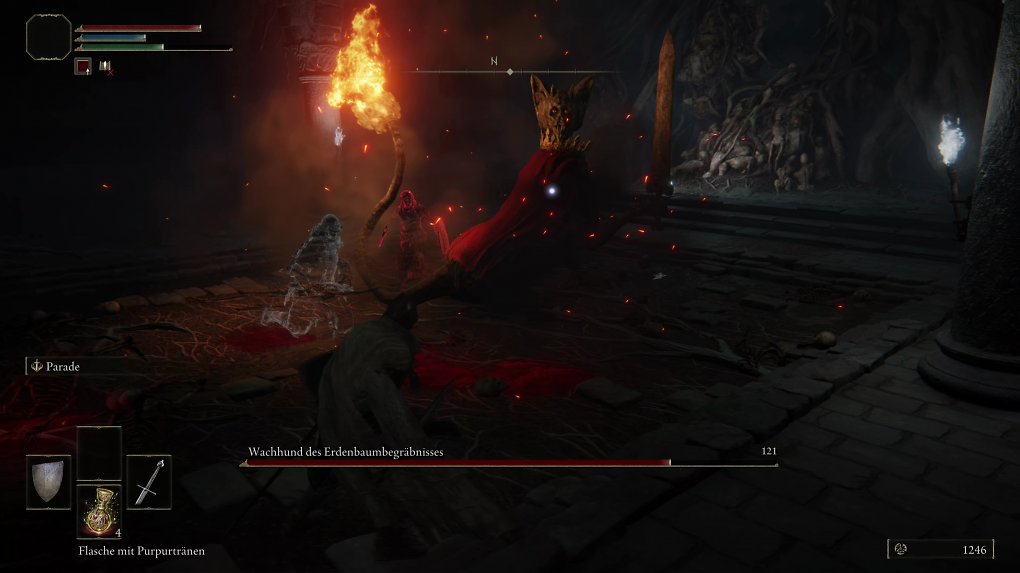 Der Spieler kämpft gegen einen Boss in den Katakomben
