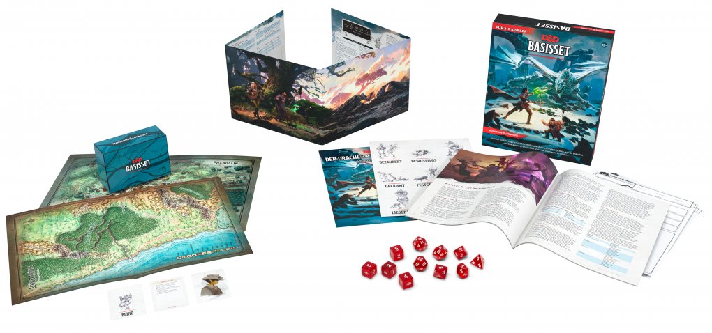 Alles, was ihr für ein D&amp;D-Abenteuer benötigt: Würfel, Kampagnenbuch, Regelwerk, Karten und Spielleiterschirm.