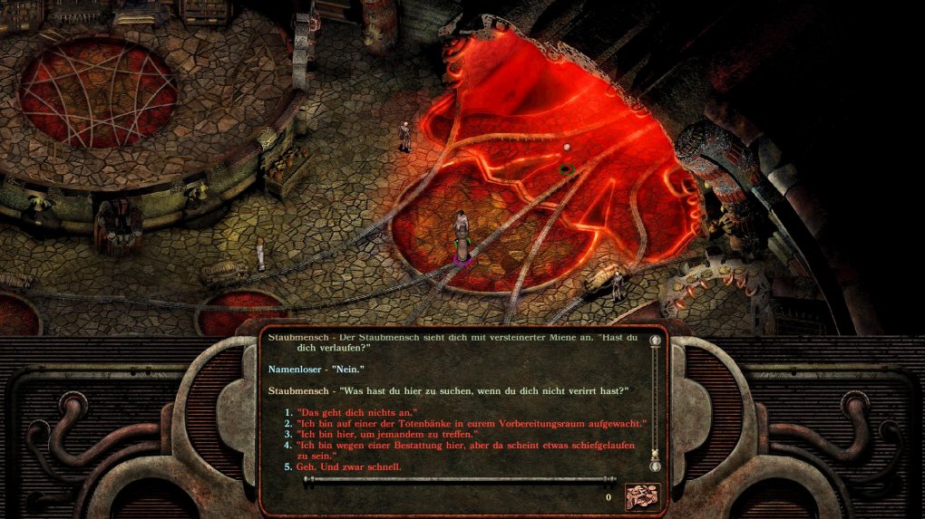 Der Spielstart, bei dem ihr in einem Leichenschauhaus erwacht und von einem sprechenden Totenschädel begrüßt werdet, ist heute Kult. Im Bild: die Enhanced Edition von Planescape: Torment.