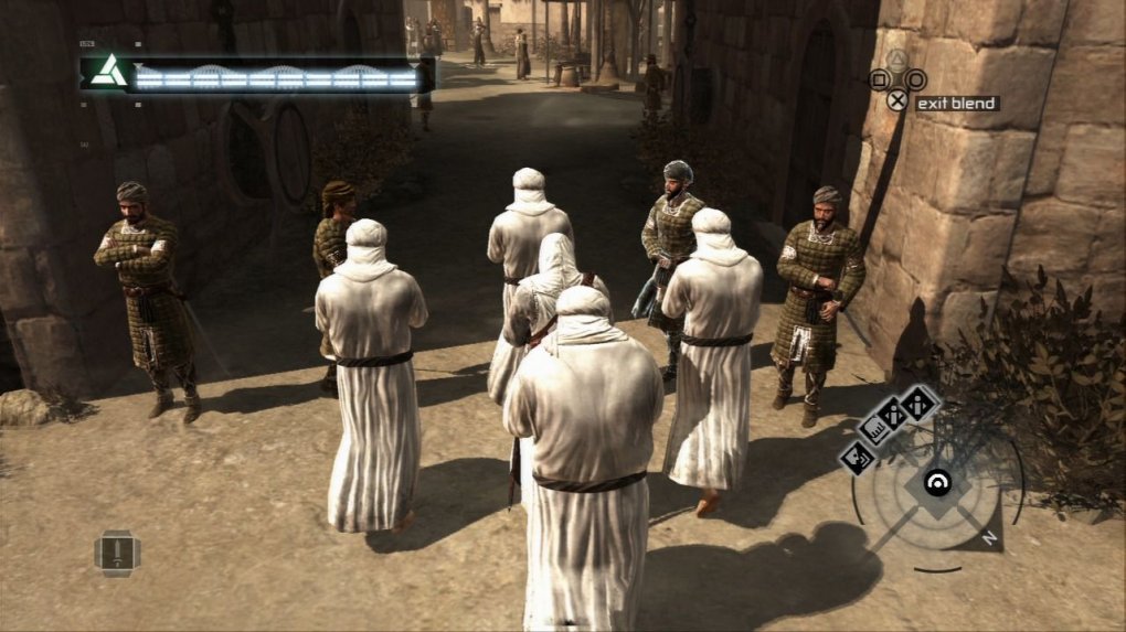 So funktioniert Social Stealth in Assassin’s Creed: Altaïr taucht inmitten der Mönche unter und kann sich so unbemerkt an den Wachen vorbeischleichen.&nbsp;