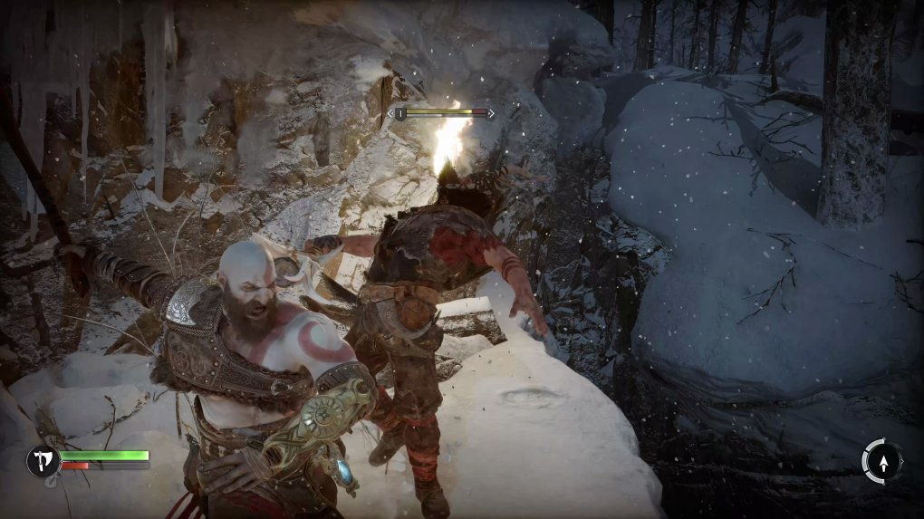 Der Anfang des Spiels ist noch recht gediegen: Mit Kratos uns seiner Leviathanaxt vermöbeln wir böse Typen im verschneiten Midgard.