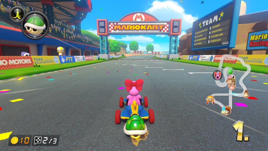 Zu sehen ist eine neue DLC-Strecke für das Nintendo-Switch-Spiel Mario Kart 8 Deluxe mit dem Titel Marios Piste.