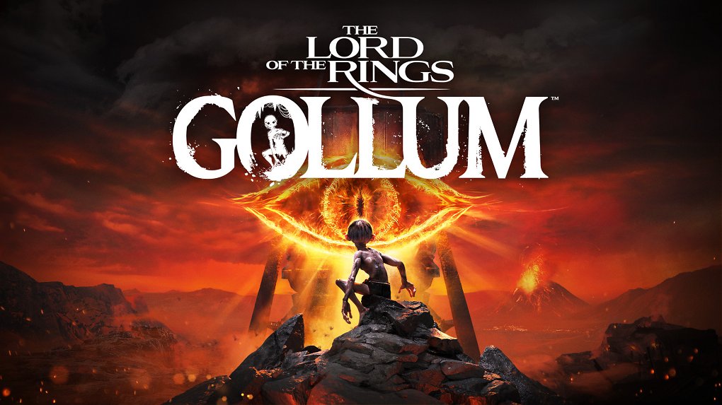 Gollum sitzt auf einem Berg in einer schroffen Lava-Landschaft. Am Himmel schwebt ein brennendes Auge.
