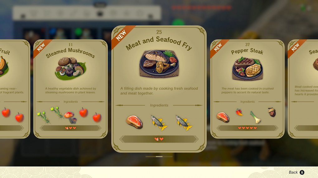 Man sieht mehrere Kochrezepte in Zelda: Tears of the Kingdom.