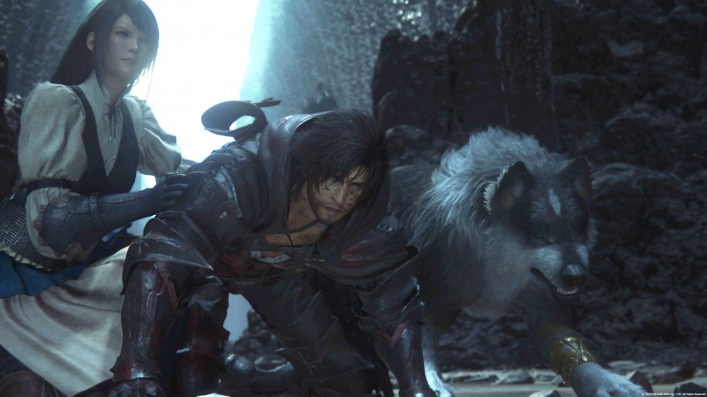 Jill kniet neben Clive und Torgal in Final Fantasy 16