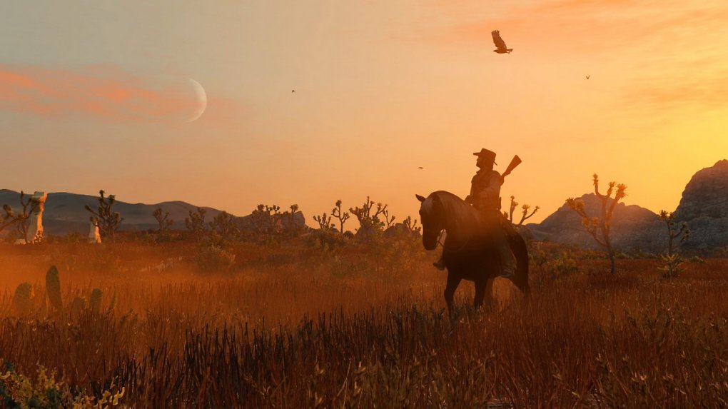 Marston reitet durch den Sonnenuntergang.