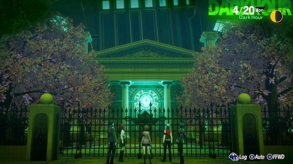 Die Charaktere aus Persona 3 Reload stehen während der Dark Hour vor dem Eingang des Tartarus
