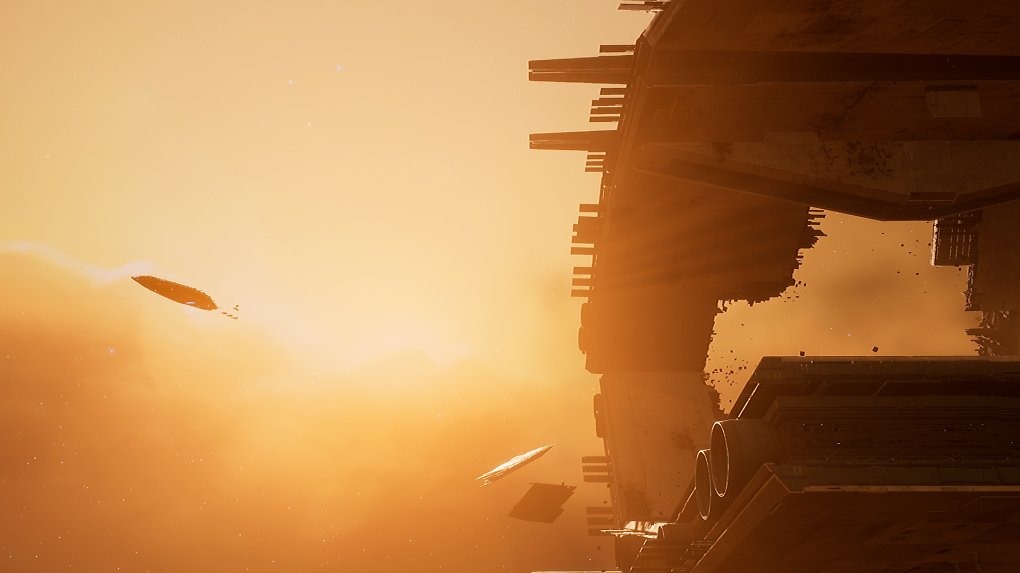 Atmosphärisches Bild einer Raumruine vor einem grellen Stern.