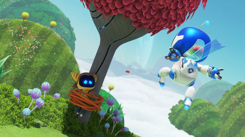 Ein als Ratchet verkleideter Astro Bot ist an einem Baum gefesselt und wir eilen zur Rettung herbei