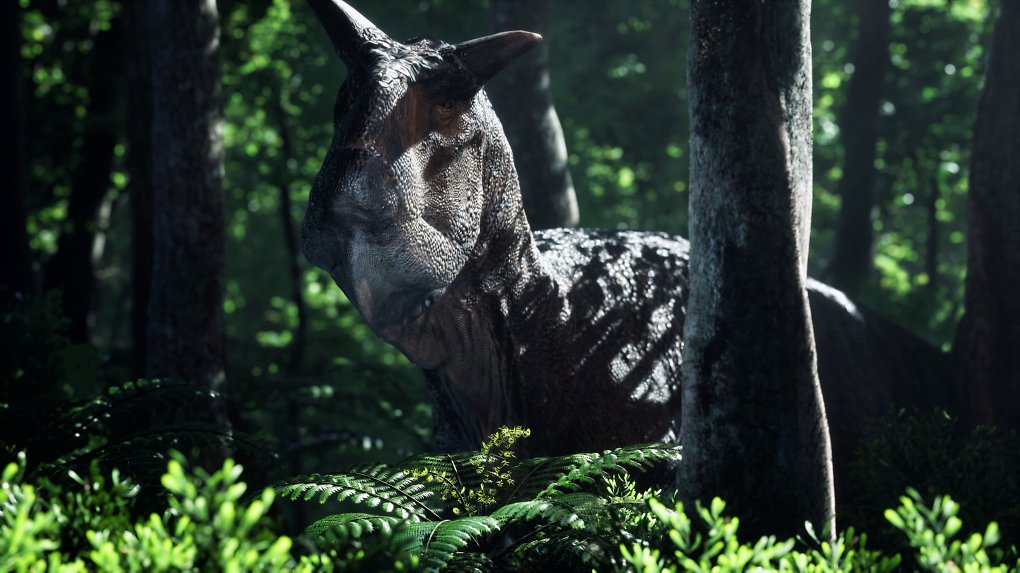 Eine Dinosaurier blickt durch Bäume und Gestrüpp