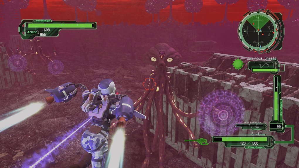 Ein Wing Diver fliegt auf ein großes Alien zu.