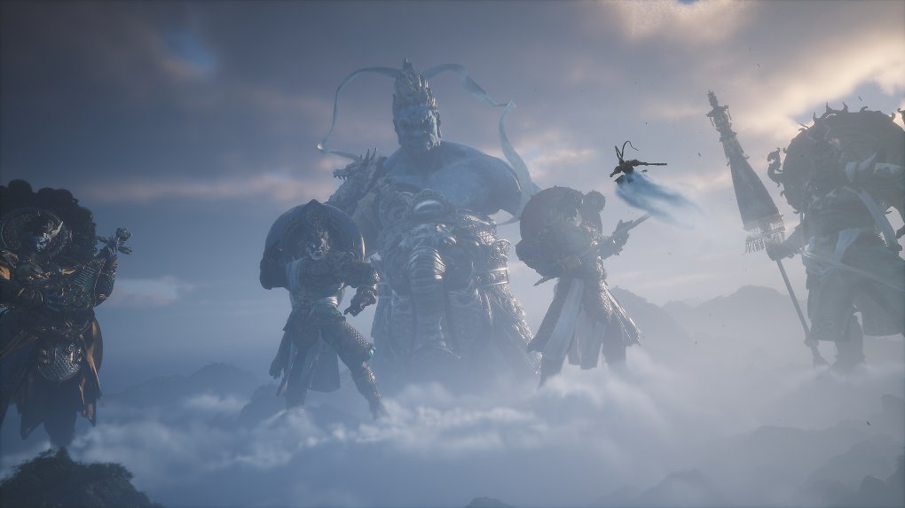 Sun Wukong fliegt mit seiner Wolke auf riesige Statuen zu.