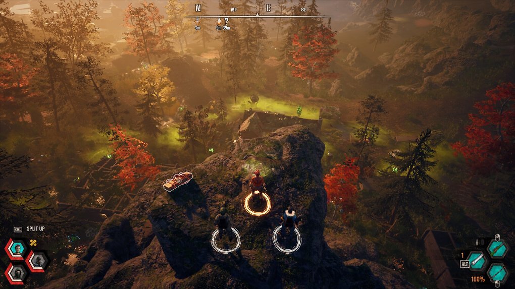 Ein Expeditionsteam aus Survive the Fall steht auf einem Felsen mit Blick in ein Tal.