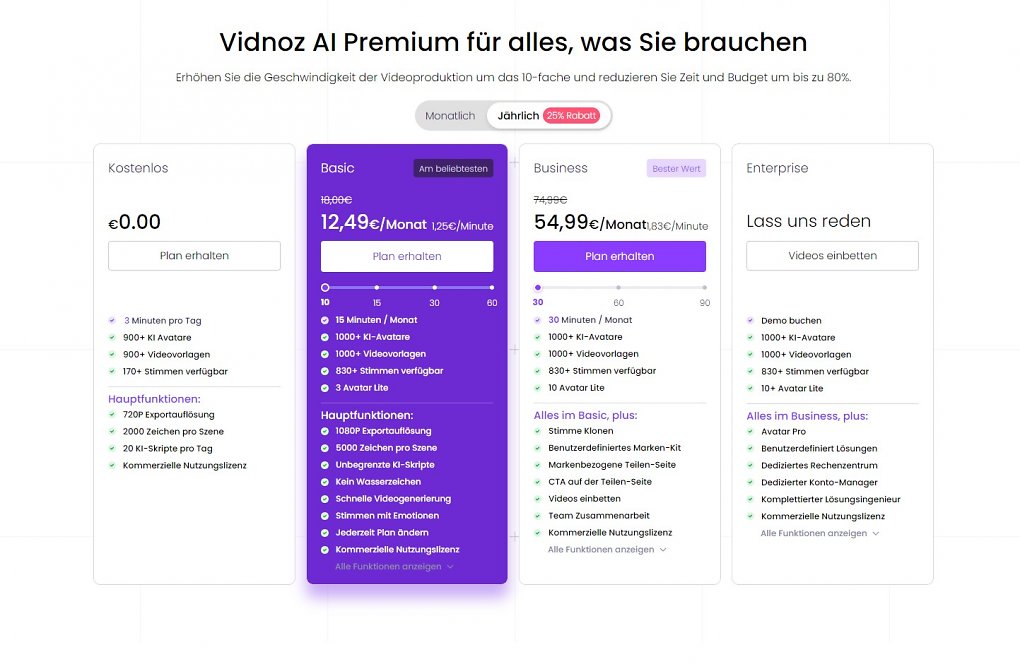 Ihr wollt Vidnoz AI professionell nutzen? Schaut euch die Abo-Optionen an!