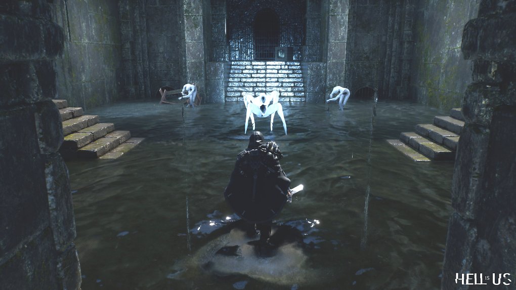 Ein Krieger in einem dunklen Tempel vor einigen weißen Kreaturen