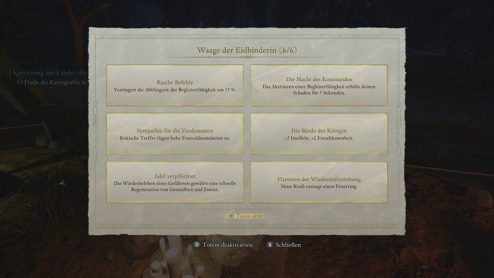 Eine Übersicht mit sechs passiven Boni eines Totems.