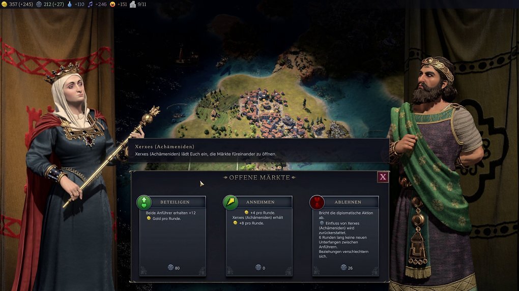 Wenn euch andere Spieler Unterfangen anbieten oder euch mit Sanktionen nerven wollen, könnt ihr Einfluss nutzen, um mehr rauszuholen oder die Sanktion zu blockieren.