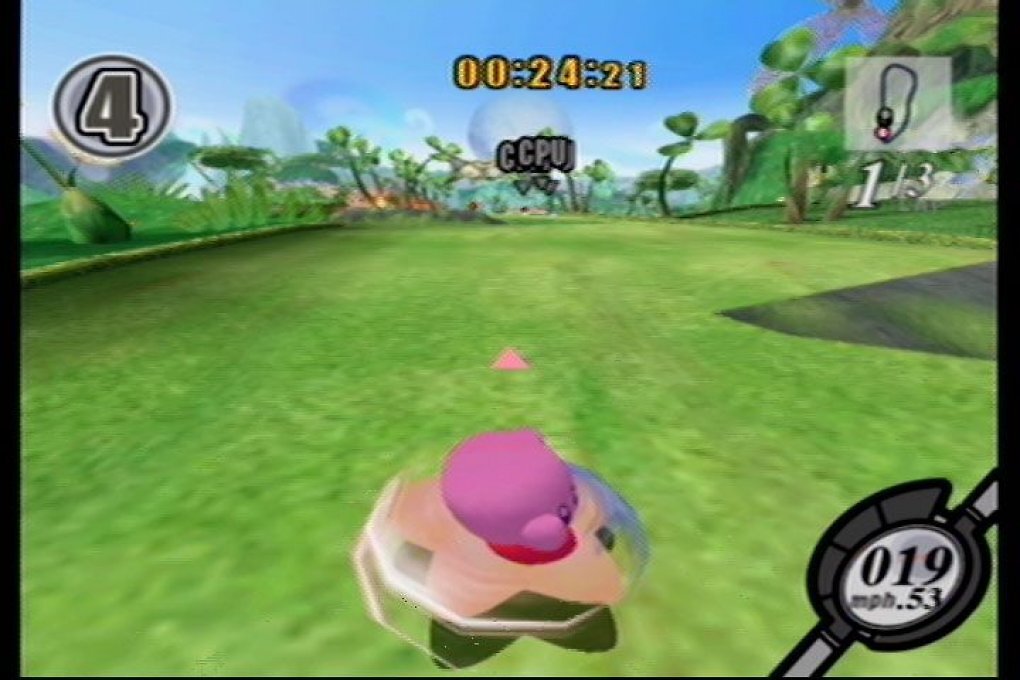 Kirby dreht sich auf einem Gleiter