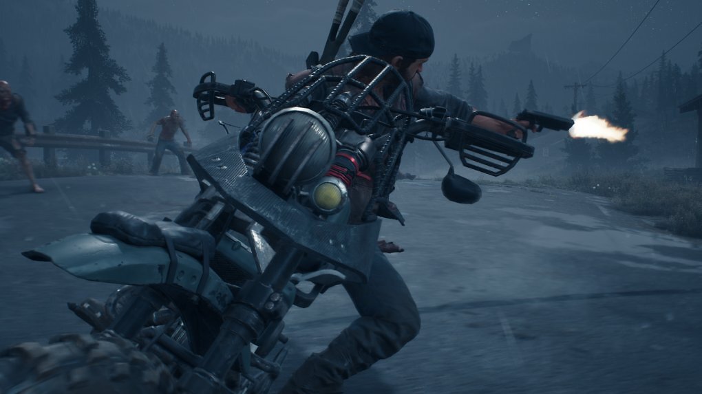 Deacon ist auf seinem Bike unterwegs und feuer nach hinten mit einer Pistole.