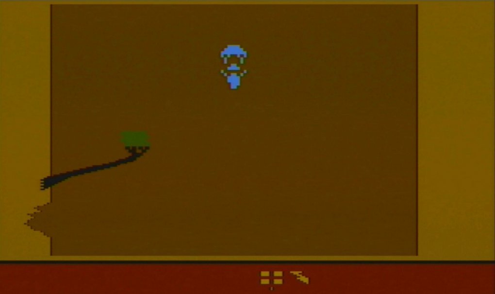 Kurz vorm Ziel gilt es, per Fallschirmsprung in einer Höhle zu landen. Der grüne Busch frisst vermutlich so viel Speicher, dass Indiana Jones in dieser Szene die Beine amputiert wurden.
