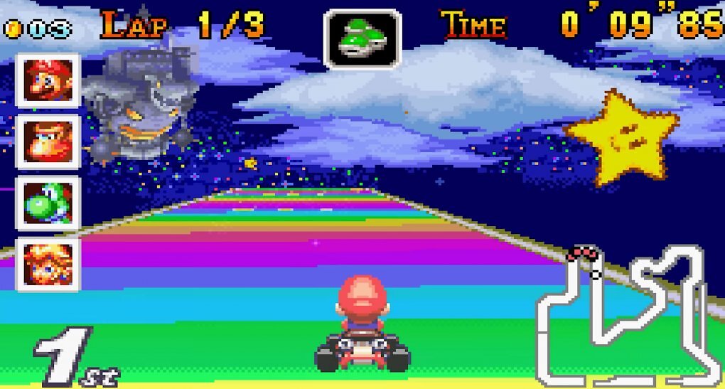 Der Regenbogen Boulevard aus Mario Kart Super Circuit.