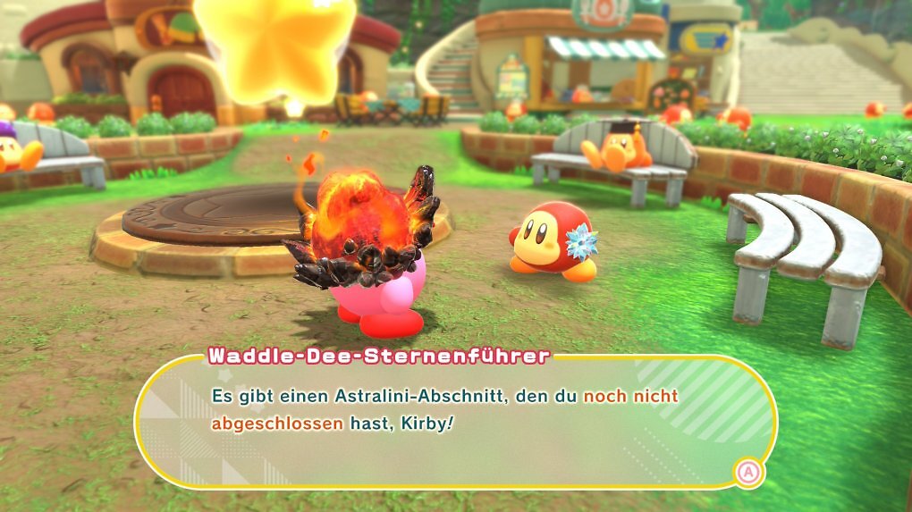 In der Waddle-Dee-Stadt wartet nun der Sternenführer auf euch. Bei ihm erfahrt ihr, ob euch gerade ein Astralini-Abschnitt zur Verfügung steht oder ob ihr erst in der Handlung vorankommen müsst.