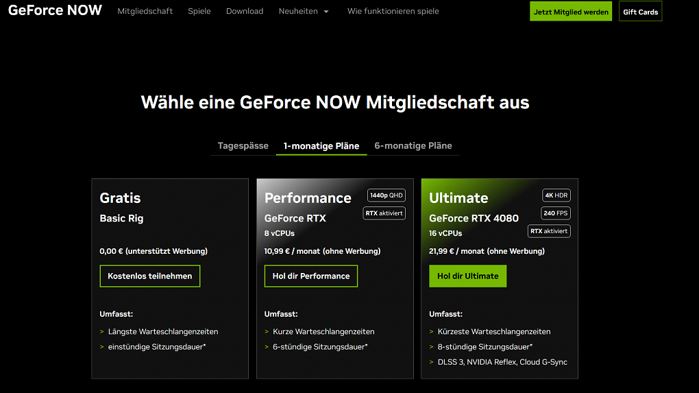 Nvidia GeForce Now Preisliste