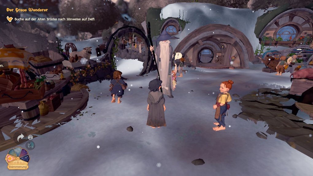 Drei Hobbits und Gandalf stehen in Tales of the Shire auf dem Dorfplatz.