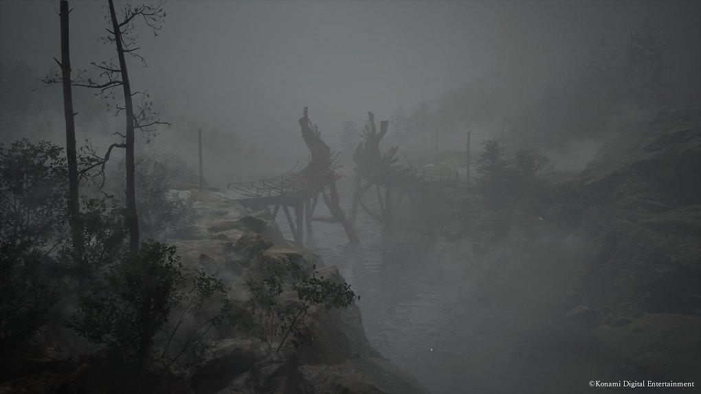 Eine zerstörte Brücke im Nebel.