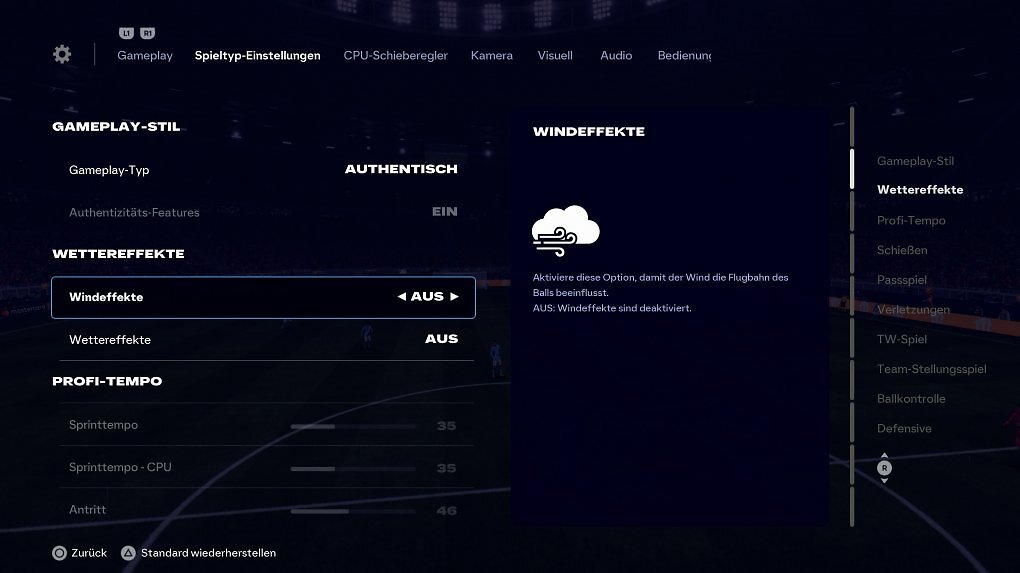 Neben Wetter und Wind bieten die Einstellungen des Authentic-Modus viele Einstellungsmöglichkeiten.