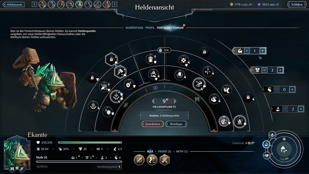 Wie im Vorgänger schaltet ihr für alle Helden neue Talente und Vorteile frei. Neu sind die vier Hauptattribute (rechts im Bild).