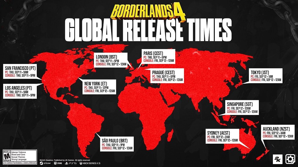 Weltkarte mit den globalen Release-Terminen von Borderlands 4