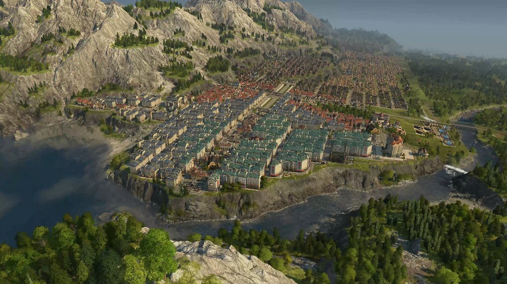 Blick auf eine voll ausgebaute Stadt in Anno 1800