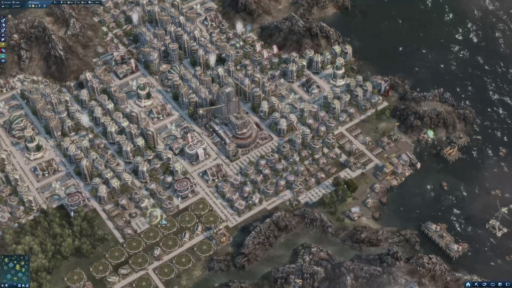 Eine Stadt der Ecos in Anno 2070 mit einem Monumentalbau im Bau.