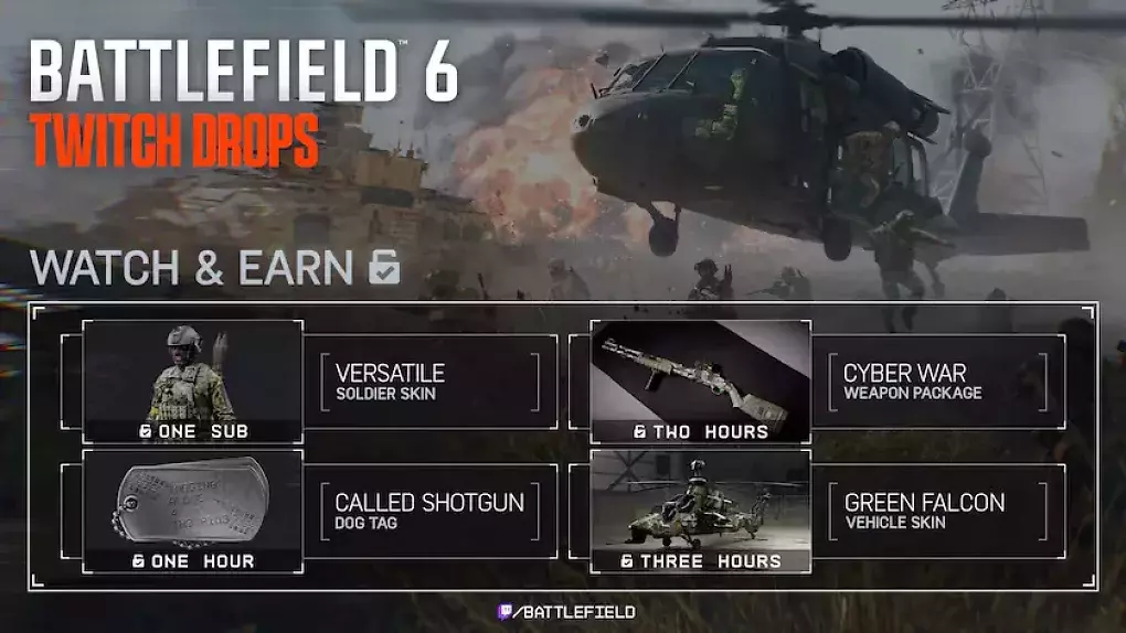 So sehen die vier kosmetischen Belohnungen aus, die im Rahmen der Twitch-Drops-Aktion von Battlefield 6 auf euch warten.