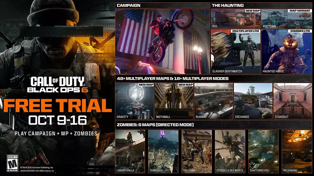 Hier seht ihr sämtliche Inhalte, die während der kostenlosen Testphase von Call of Duty: Black Ops 6 im Zeitraum vom 9. bis 16. Oktober ausprobiert werden können.