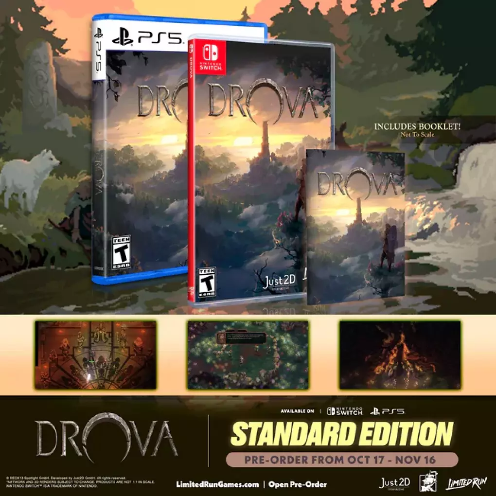 So sieht die limitierte physische Ausgabe von Drova aus. Zur Box für PS5 oder Switch gibt es auch noch ein Booklet dazu.