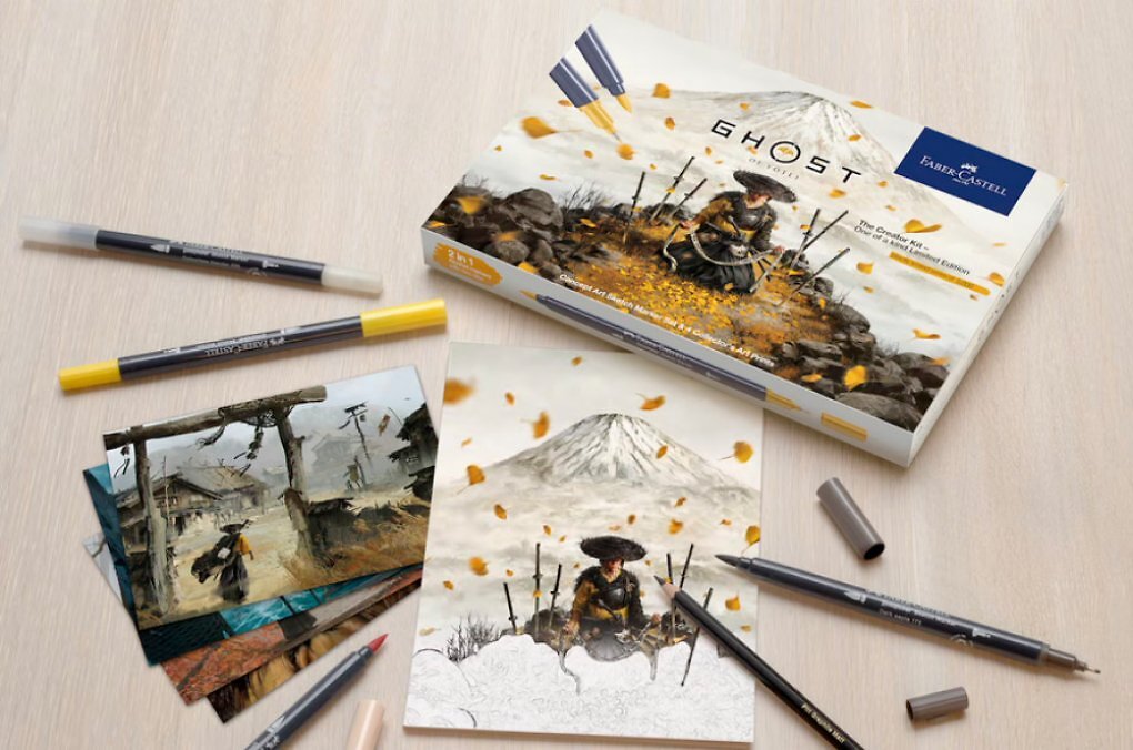 Das sind die Inhalte des 'Ghost of Yotei Creator Kit' von Faber-Castell und Sony.