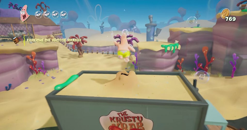 Patrick in den Levels die Sandvulkane nutzen, um sich in die Luft schießen zu lassen. Dadurch können höher gelegene Orte erreicht werden.
