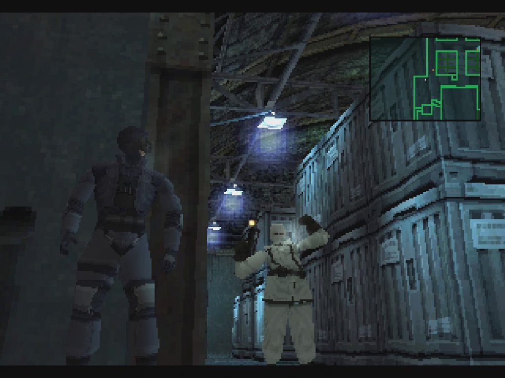 Metal Gear Solid strotzt vor Detailreichtum. Hier gähnt die Wache gerade, schließt dabei die Augen und wird deswegen auch ohne Sichtkegel auf dem Radar angezeigt.