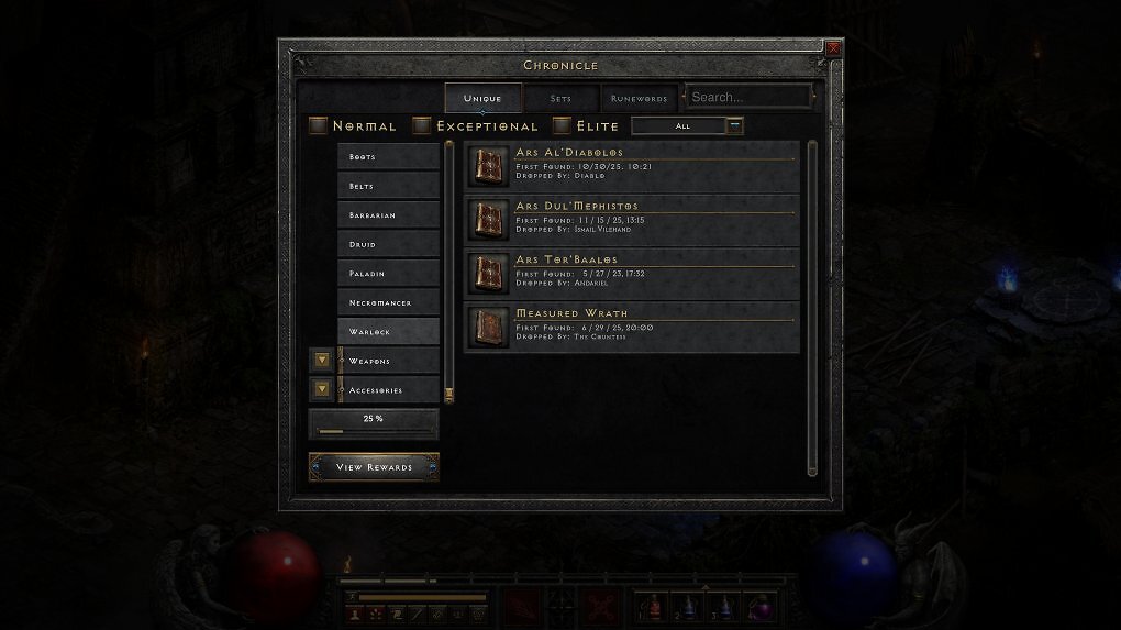 Die Chronik funktioniert wie ein Loot-Tagebuch für euren Charakter. Sogar Runenwörter werden sauber aufgelistet.