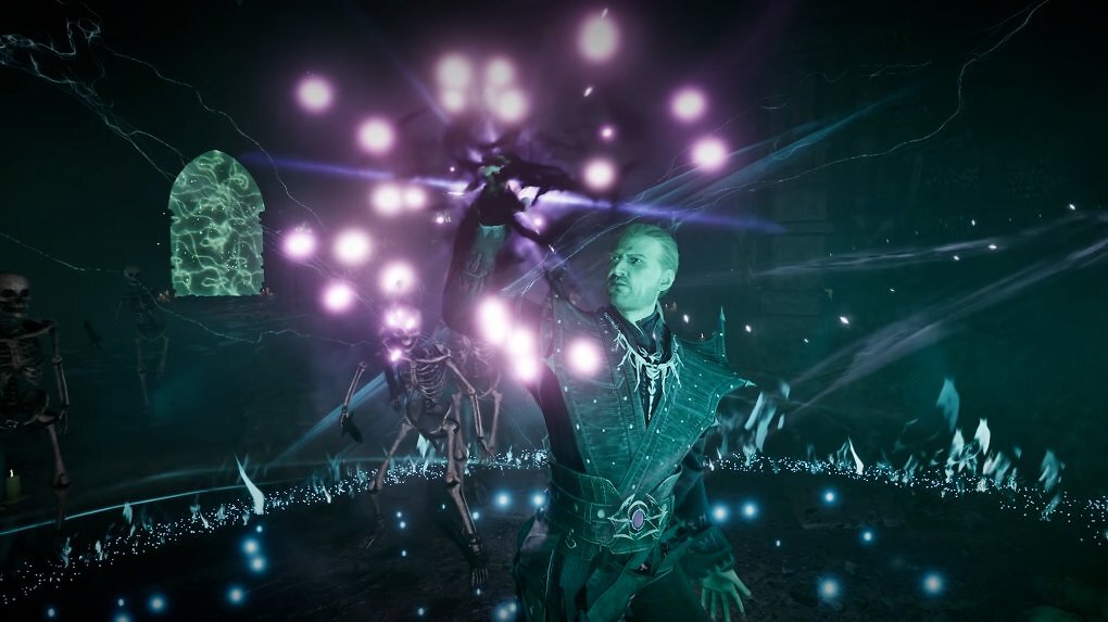 Der Held wirkt einen Zauber und trägt dabei die Robe eines Schwarzmagiers.
