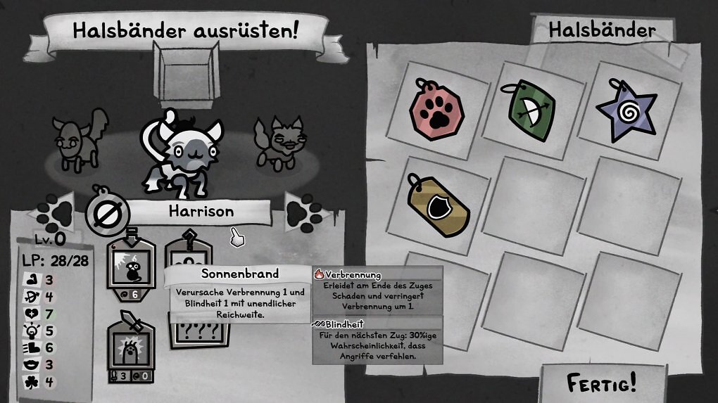 Die Klassen bestimmen, wie wir den nächsten Run spielen sollen. Dabei sollten wir immer die Werte unserer Kätzchen im Auge behalten!